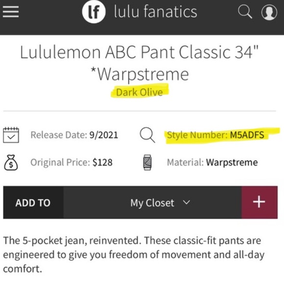 Lululemon Pants ABC Warpstreme Classic Men 36x33 Dark Olive Taper Stretch M5ADFS - Picture 9 of 16
